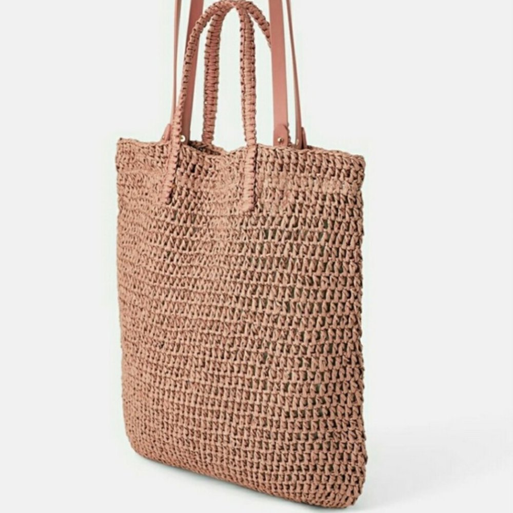 NWT Rare Zara Woven BRAID Paper Tote Summer Bag Pale Pink - Picture 7 of 13